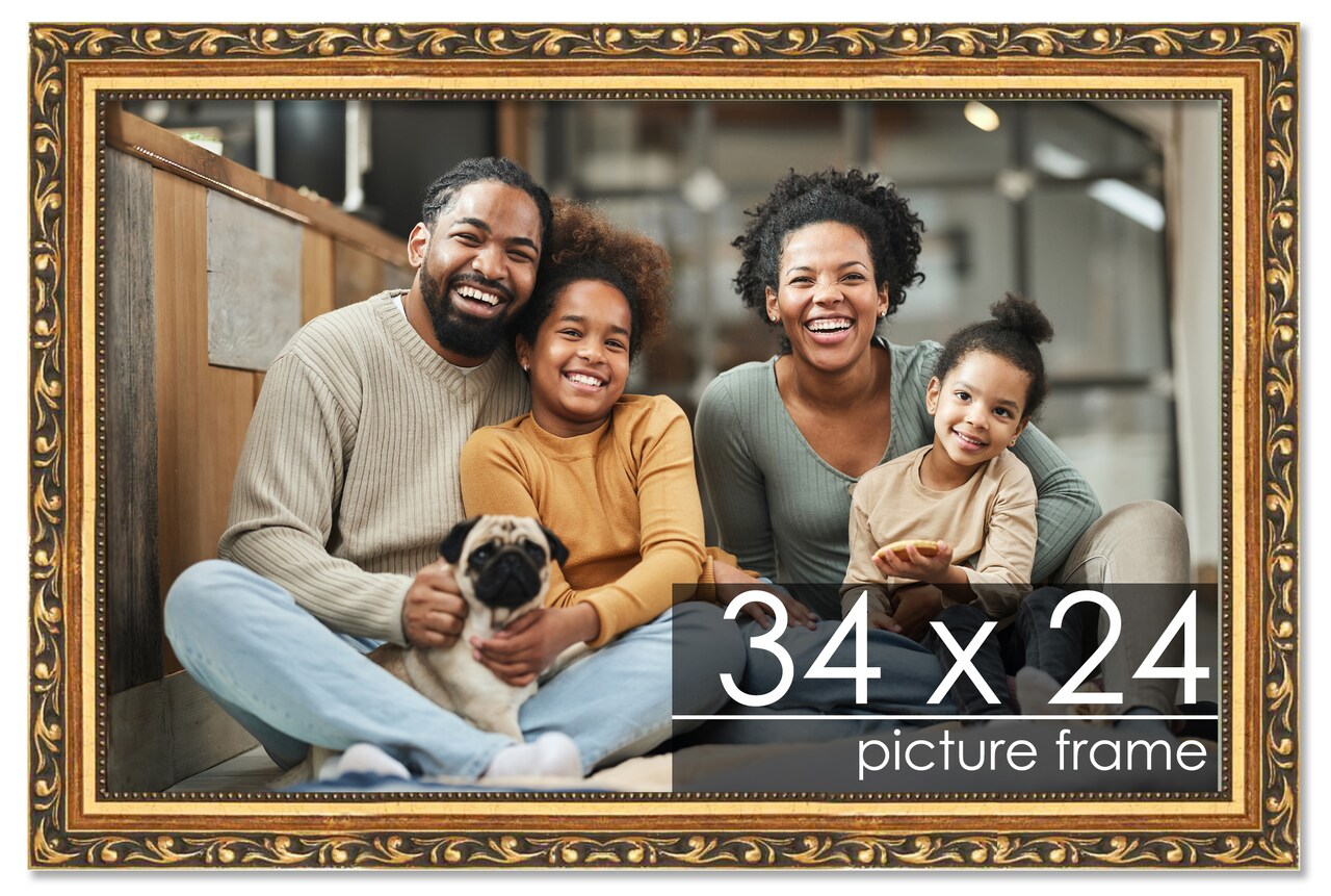 34x24 Solid Wood Antique Picture Frame with UV-Resistant Acrylic & Acid-Free Backing, Available in 4 Finishes: Bronze, Gold, Silver, and Gold with Black